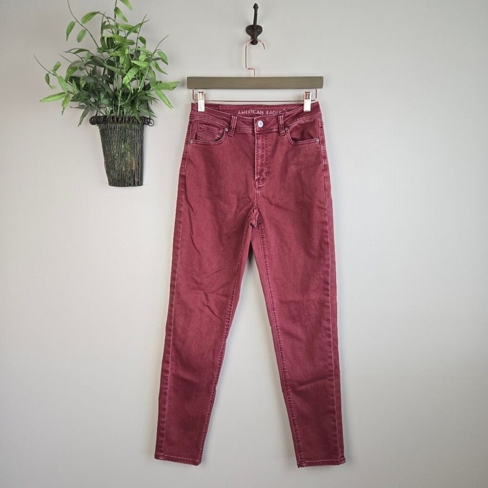 AE 0 Mom Jean Burgundy Relaxed Fit Tapered Leg High Rise Jeans American Eagle